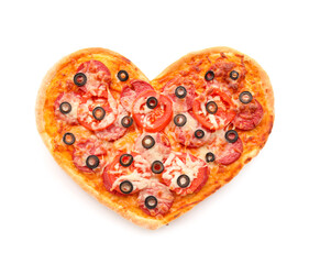 Tasty heart-shaped pizza on white background. Valentine's Day celebration