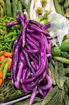 Sicilian long purple eggplants vegetables for sale at Itallian market