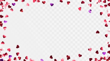 Falling shiny confetti hearts on a transparent background