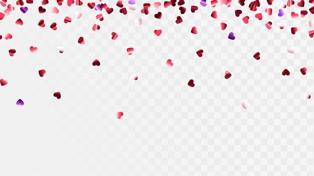 Frame made of shiny confetti hearts on a transparent background