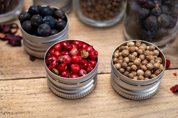 Professional set of gin spices in small bottles, pink pepper, hibiscus flowers, juniper berries, cardamom, coriander seeds, star anise