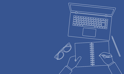 Outlined vector illustration of businessman hand writing on a notebook. Suitable for design element of business copy space background. Working desk top view.