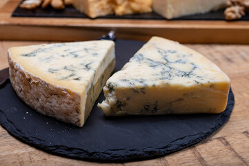 British cheeses collection, blue Stilton, Scottish coloured and English matured cheddar cheeses
