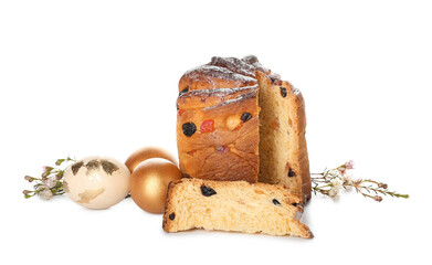 Delicious Easter cake and eggs on white background