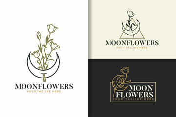 Moon and flowers line art logo design