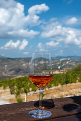 Wine industry of Cyprus island, tasting of rose dry wine on winery with view on vineyards and south slopes of Troodos mountain range.