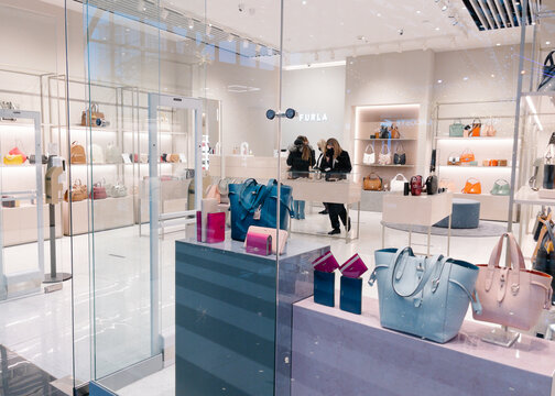 Moscow Russia - February 02 2022: Furla luxury bags store in shopping center, brand sign at the enter