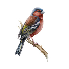 Chaffinch bird realistic watercolor illustration. Hand drawn european small garden and forest avian. Common chaffinch song bird realistic image. Fringilla coelebs male on white background - obrazy, fototapety, plakaty