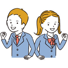 線画カラーイラスト　ブレザーの制服の中学生 男女　ガッツポーズ