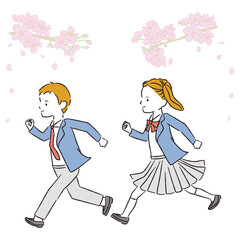線画カラーイラスト　ブレザーの制服の中学生が桜の下を走る
