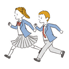 Fototapeta premium 線画カラーイラスト ブレザーの制服の中学生が走る