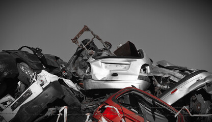 scrapped cars on a big pile, old smashed cars, warehouse or scrap collection