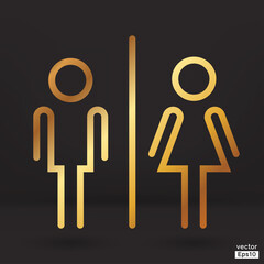 Men and women restroom icon in black background, men and women bathroom golden sign.Toilet vector icon for any use. Vector illustrator.