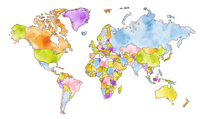 Fototapeta na wymiar World map drawn in watercolor and crayon