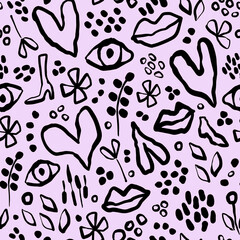 Vector seamless pattern with hand-drawn doodle elements:eyes,hearts,flowers,lips,leaves,shoes,dots.Modern boho background for textile,fabric design,covers,wrapping paper.Isolated elements.
