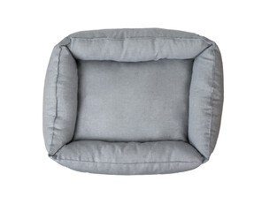 Top view of a gray dog bed isolated on a white background.