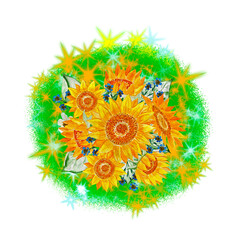Sunflowers on a bright background. Floral ornament. Drawing for T-shirts. Image for design.