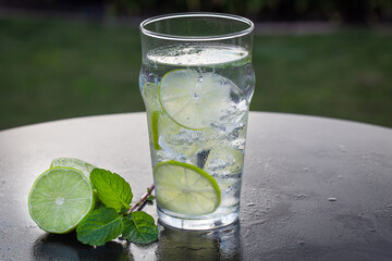 Fresh Water with Lime and Mint on Ice Outdoors