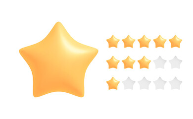 Yellow 3d star icons isolated on white background. Rating feedback concept