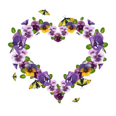 Pansies and black and yellow butterflies. flying insects and purple summer flowers. Ready heart shaped template. Watercolor illustration on isolated background.