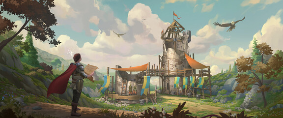Obraz premium A landscape illustration of the medieval fantasy fortified castle and knights with colourful trees under vast blue sky.