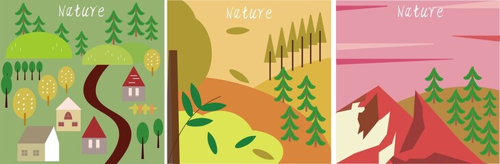 Set of landscape illustration, Nature, village, country, city landscapes. Illustration of natural for  background for poster, banner, card, brochure or cover.