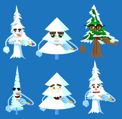 Cartoon winter pine trees with faces writing with pencil. Cute forest trees. Snow on pine cartoon character, funny holiday vector illustration.