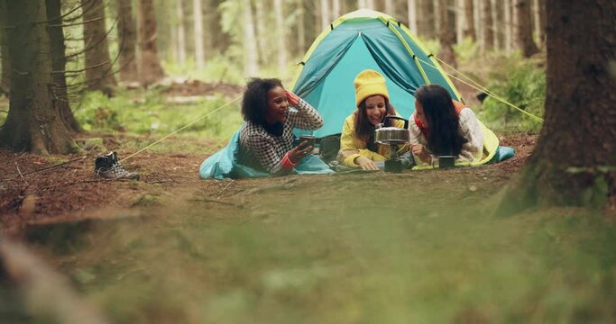 Smiling friends camping in the 
woods