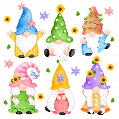 Watercolor set of spring gnome 