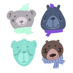 illustration vector cartoon character animal faces, bears in winter hats and scarf 
