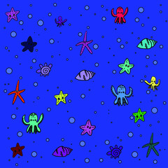 Naklejka na ściany i meble illustration sea inhabitants octopus fish jellyfish crabs crayfish seashells 