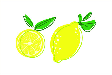 Vector illustration of sour juicy lemon. Whole lemon and lemon wedge. with green leaves 