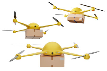 Drones transport goods or parcels. isolated on a white background with cut paths modern transport industry technology concept 3d rendering illustration