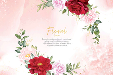 Fototapeta na wymiar Romantic Watercolor Arrangement Flower Background Design with Maroon Floral and Leaves