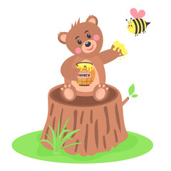 Cartoon funny baby bear holding honey pot on tree stump and cute round bee is flying around him. Vector illustration.