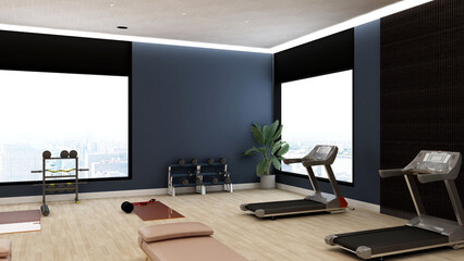 Black blank wall in modern gym interior with wooden floor