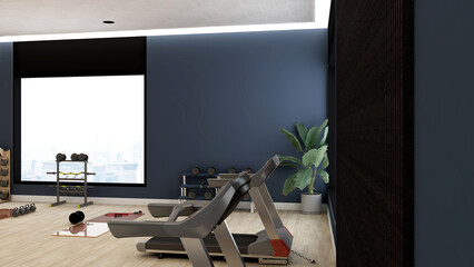 Black blank wall in modern gym interior with wooden floor