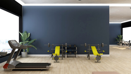 Black blank wall in modern gym interior with wooden floor