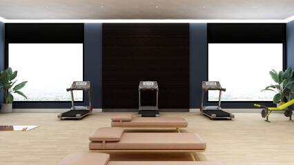 Black blank wall in modern gym interior with wooden floor