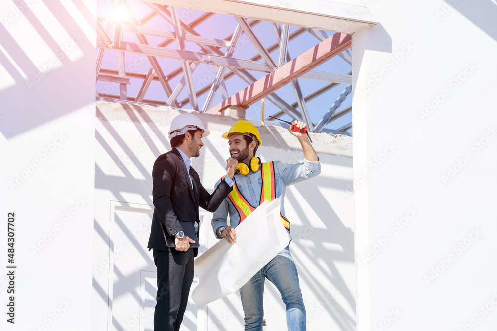 Poster architectural engineer meeting and working with blueprints at construction site,discussing,designing
