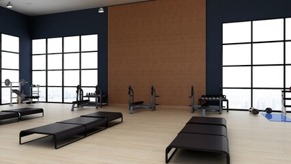 Black blank wall in modern gym interior with wooden floor