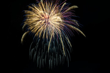 Beautiful festive fireworks on a black background of the night sky. Bright rays of light (fire).