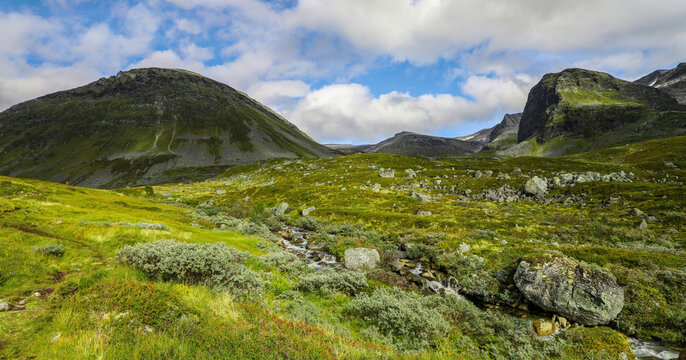 Panoramic view of beautiful nordic mountain landscape