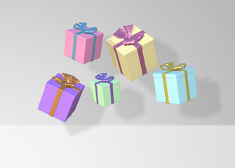 3d rendering image of colorful pastel gift boxes with beautiful metalic ribbons floating on white background