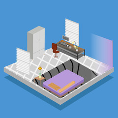 Flat 3d isometric gaming room concept illustration. Room interiors and gamers