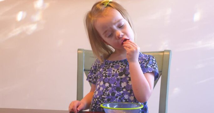 Cute Toddler Girl Eating Crackers At Snack Time.