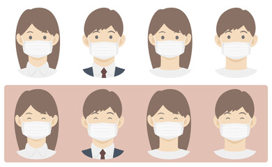 Vector illustration of man and woman wearing surgical face mask. 