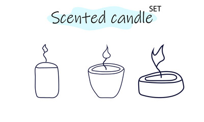 A set of scented candles with a burning fire. Candles for interior, lighting and romantic dates. Aromatherapy. Vector illustration in linear design on a white background.