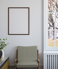 mock up poster frame in interior background. 3D Illustration
