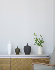 Wall mock up in living room. Scandinavian interior. 3d rendering, 3d illustration